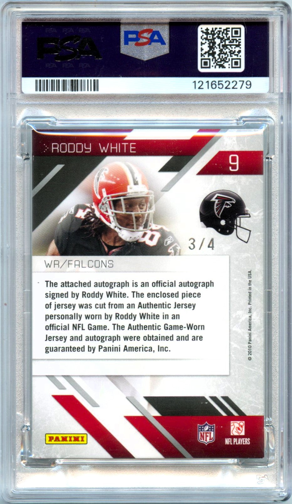 Roddy White 2010 Panini Prestige Preferred Prime Game Used Patch Auto SP 3/4 PSA Authentic-2