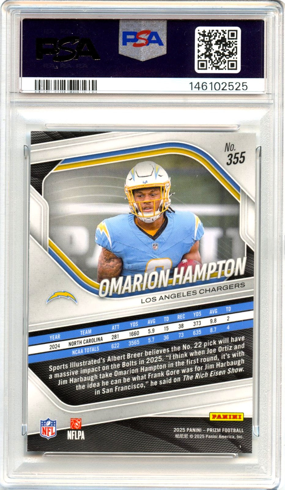 Omarion Hampton RC 2025 Panini Prizm Rookie #355 PSA 10