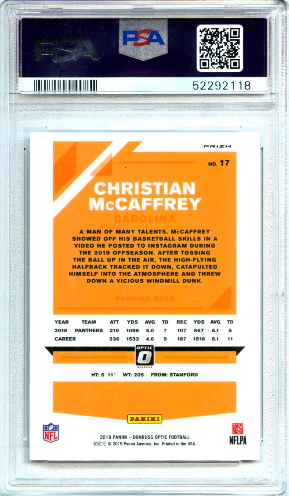 Christian Mccaffrey 2019 Donruss Optic White Sparkle Prizm SSP #17 PSA 9-2