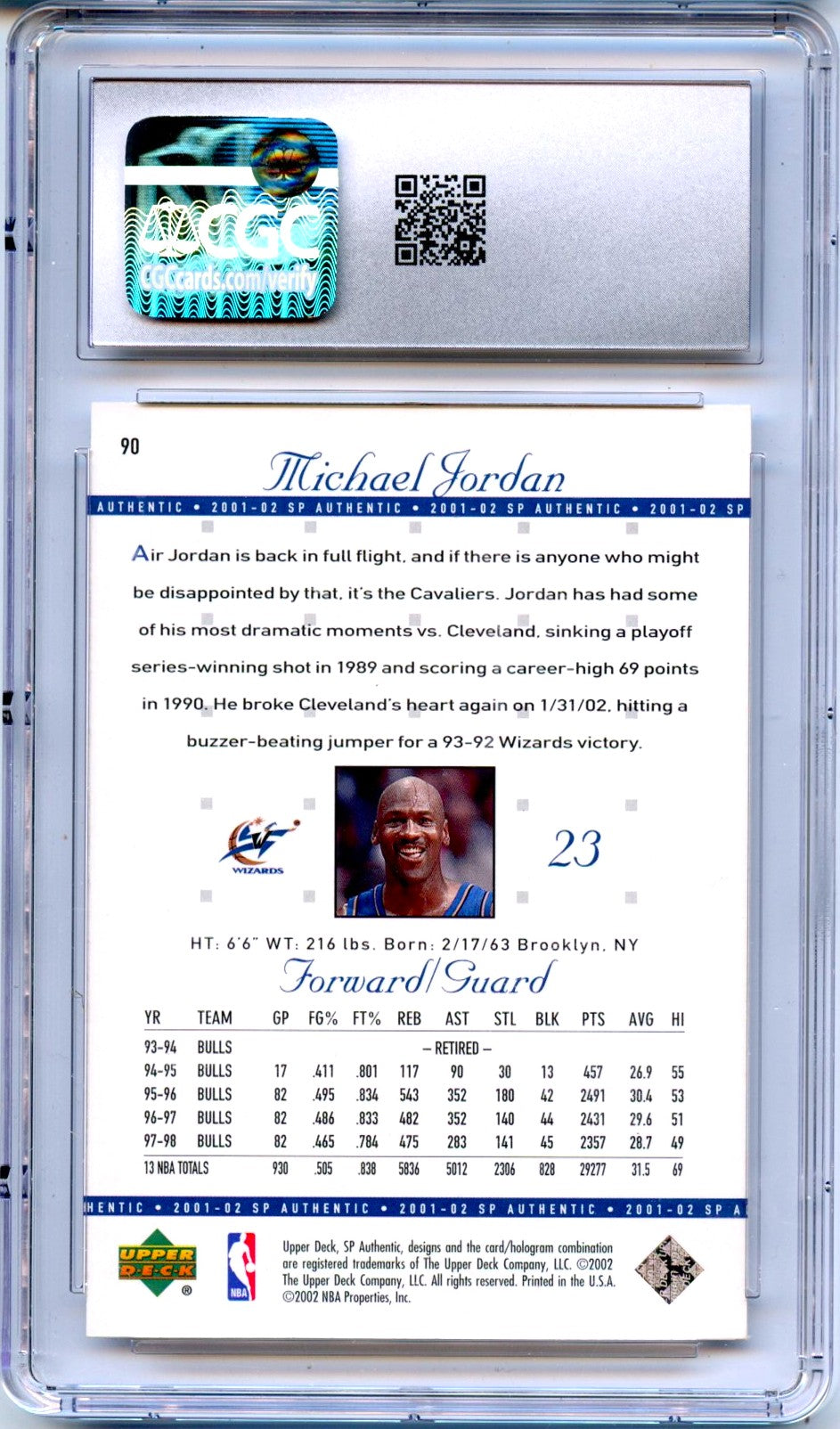 Michael Jordan 2001-02 UD Sp Authentic #90 CGC 9.5