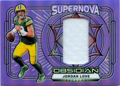 Jordan Love 2024 Panini Obsidian Purple Flood Supernova Jersey Patch SP 37/49-1