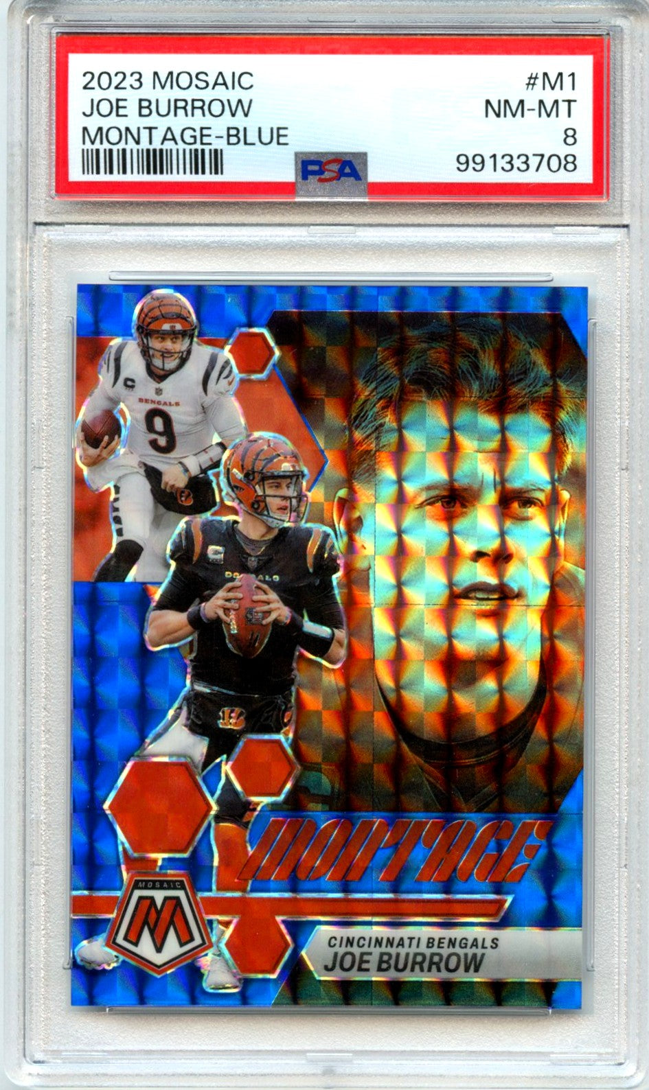 Joe Burrow 2023 Panini Mosaic Blue Prizm Montage SP 79/99 PSA 8-1