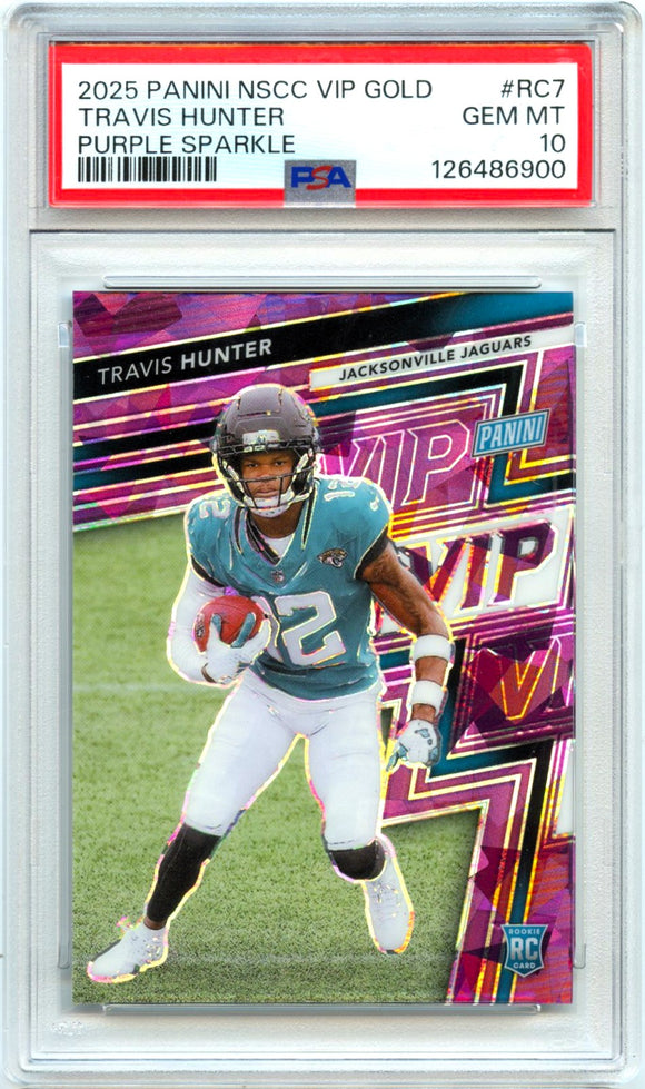 Product Travis Hunter RC 2025 Panini National Gold Pack Purple Ice Rookie SP 23/50 PSA 10 Link