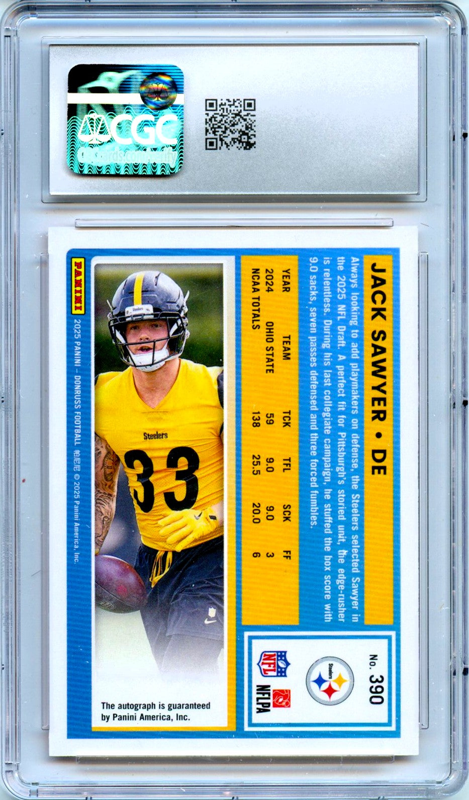 Jack Sawyer RC 2025 Donruss Orange Rated Rookie Auto #390 CGC 10
