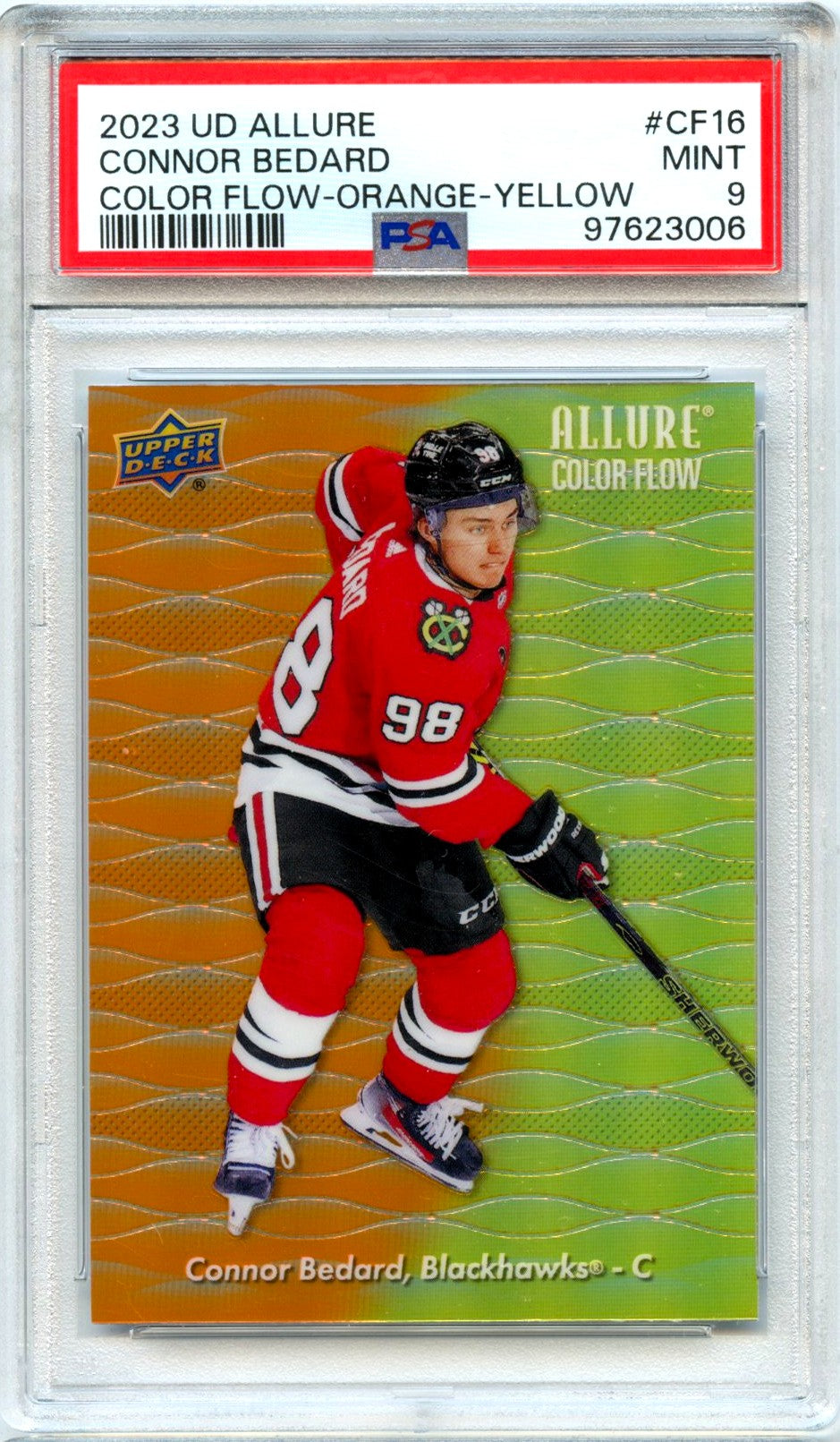 Connor Bedard RC 2023-24 UD Allure Orange Yellow Color Flow Rookie PSA 9-1