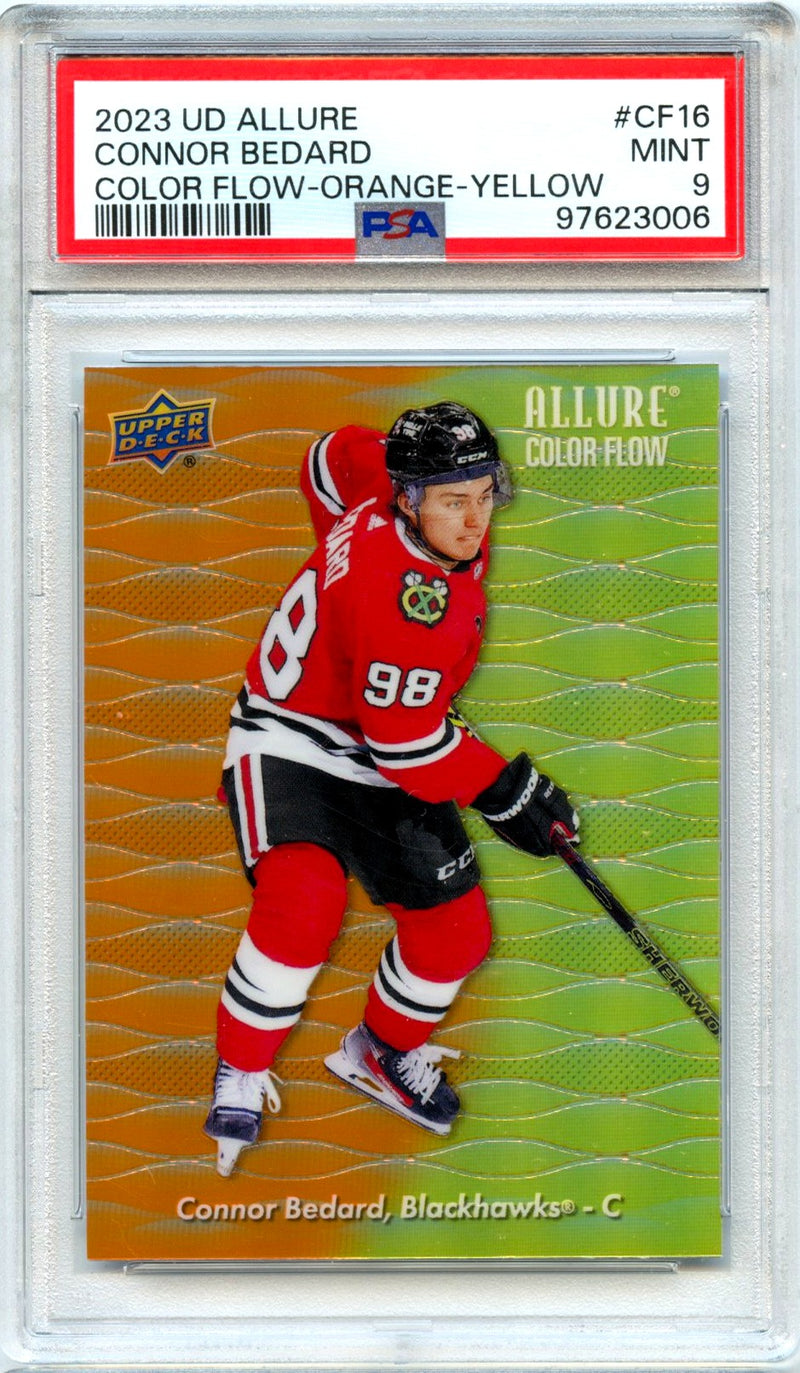 Connor Bedard RC 2023-24 UD Allure Orange Yellow Color Flow Rookie PSA 9-1