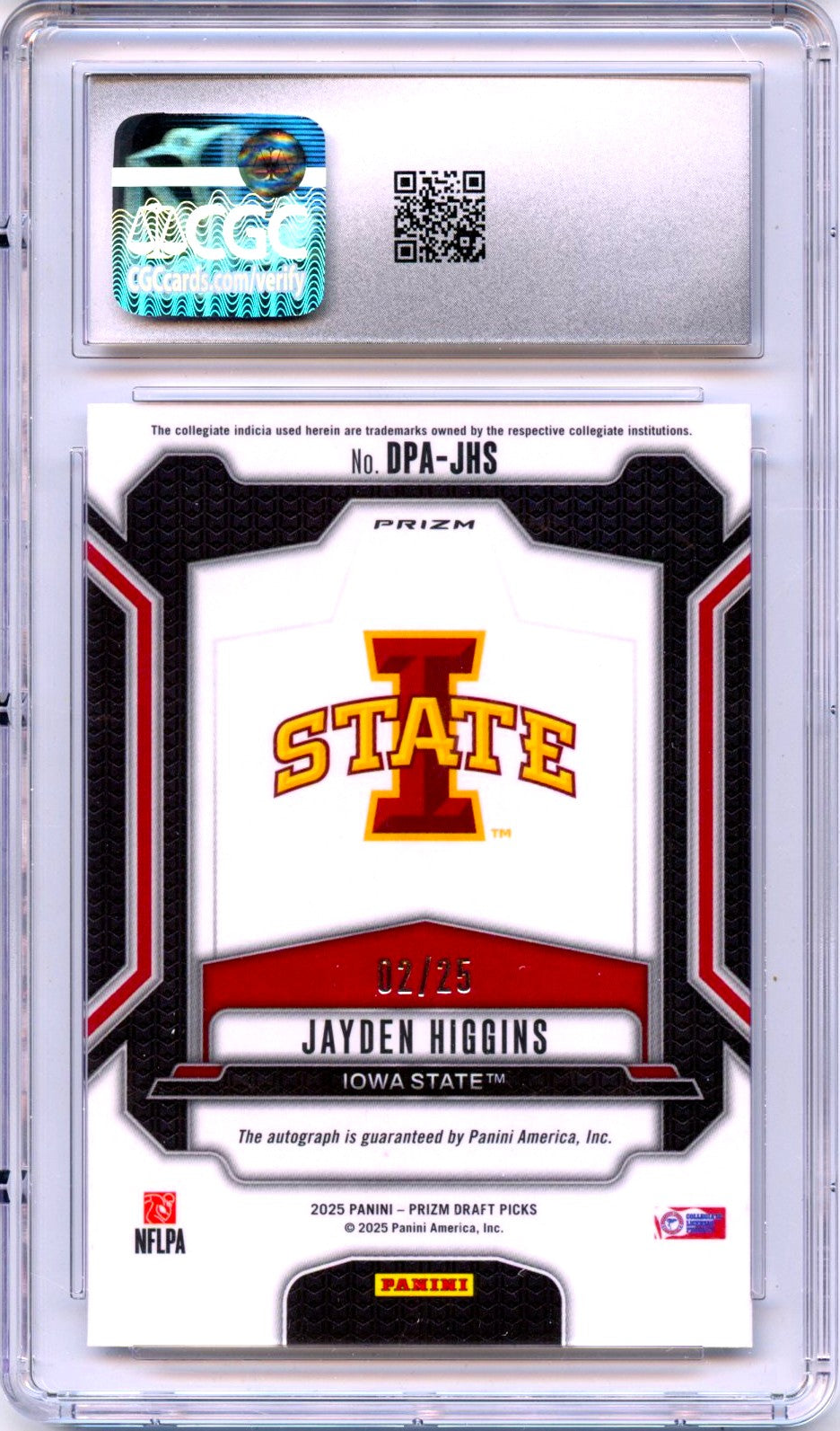 Jayden Higgins RC 2025 Panini Prizm Draft Mojo Rookie Auto SP 2/25 CGC 10