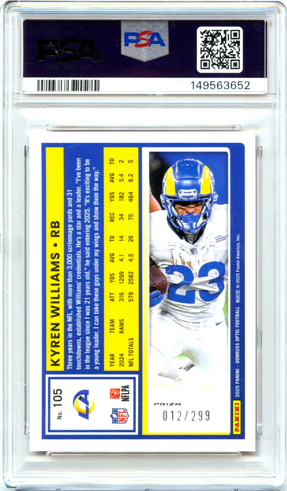 Kyren Williams 2025 Donruss Optic Orange Prizm SP 12/299 PSA 10