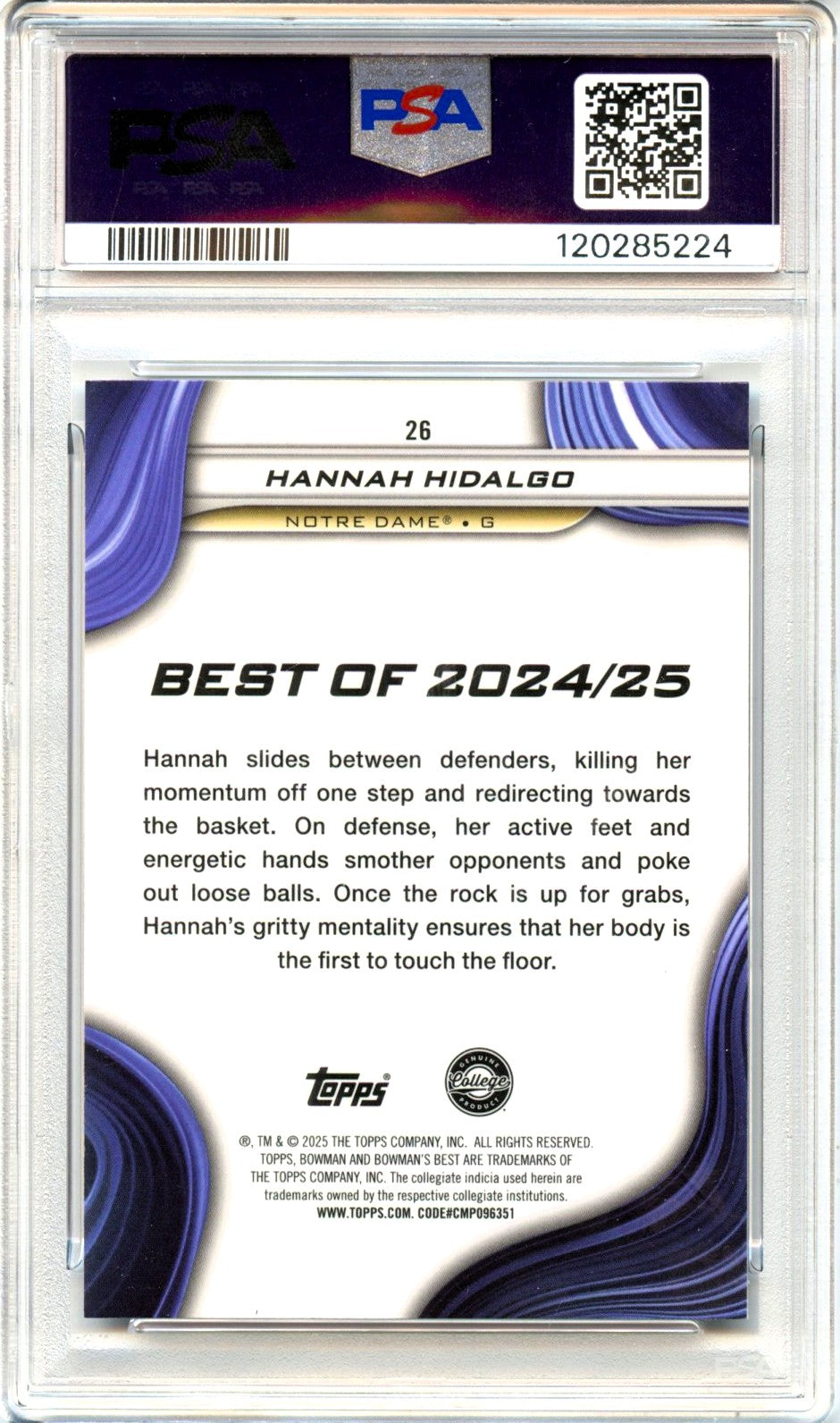 Hannah Hidalgo RC 2024 Bowman U Best Purple Refractor Rookie SP 59/250 PSA 10-2