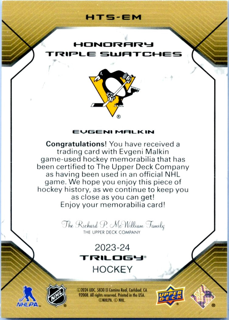 Evgeni Malkin 2023 UD Trilogy Honorary Triple Game Used Patch SP 18/25-2