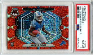 Jahmyr Gibbs RC 2023 Panini Mosaic Red Sparkle NFL Debut Rookie PSA 8