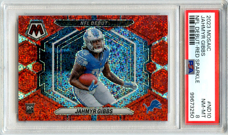 Jahmyr Gibbs RC 2023 Panini Mosaic Red Sparkle NFL Debut Rookie PSA 8-1