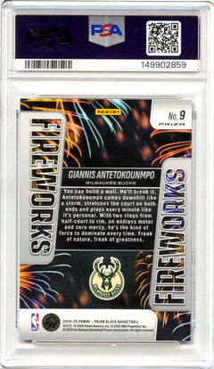 Giannis Antetokounmpo 2024-25 Panini Prizm Black Silver Fireworks #9 PSA 10-2