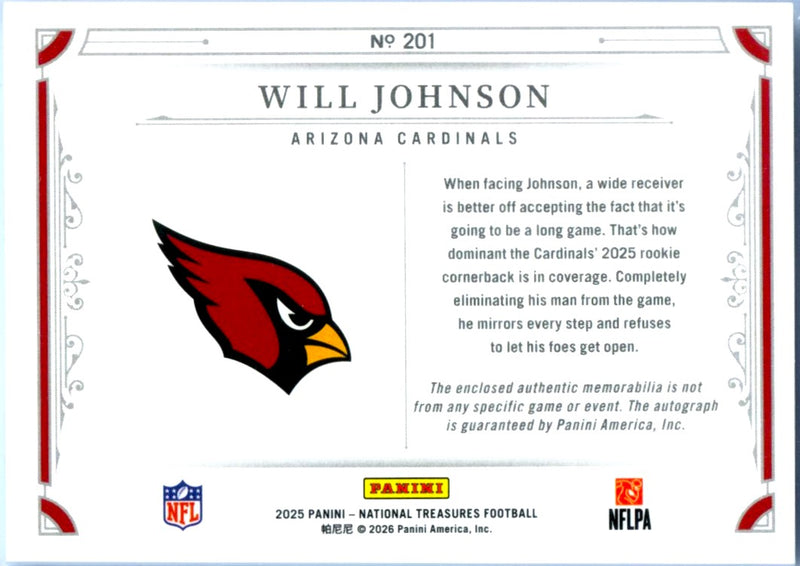 Will Johnson RC 2025 National Treasures Rookie Patch Auto SP 64/99-2