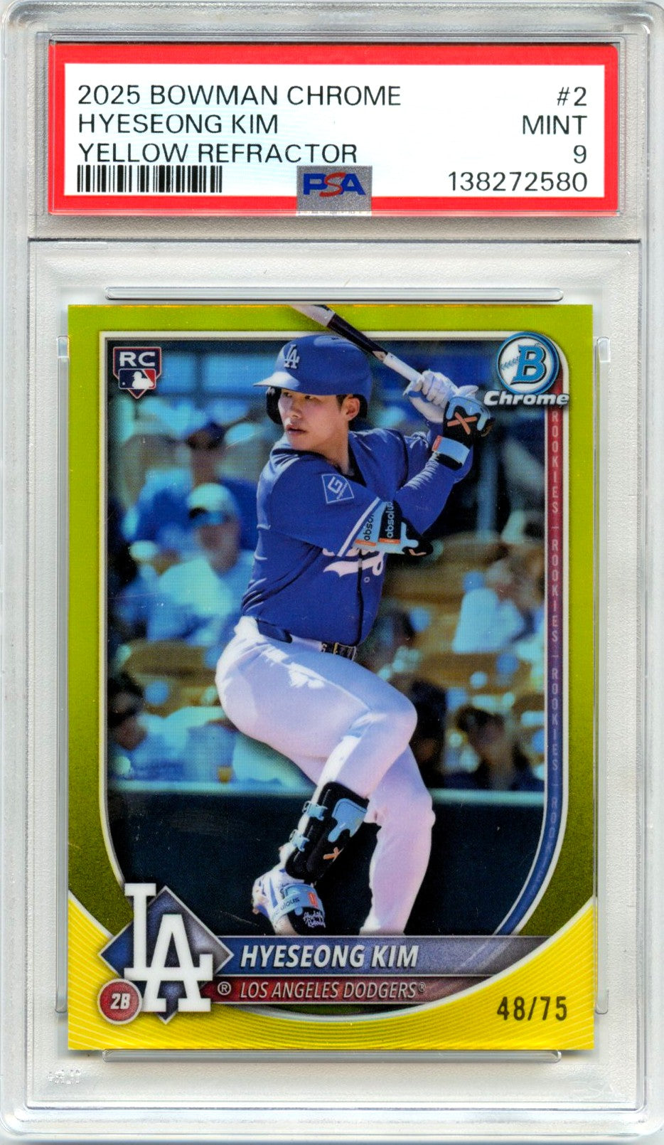 Hyeseong Kim RC 2025 Bowman Chrome Yellow Refractor Rookie SP 48/75 PSA 9