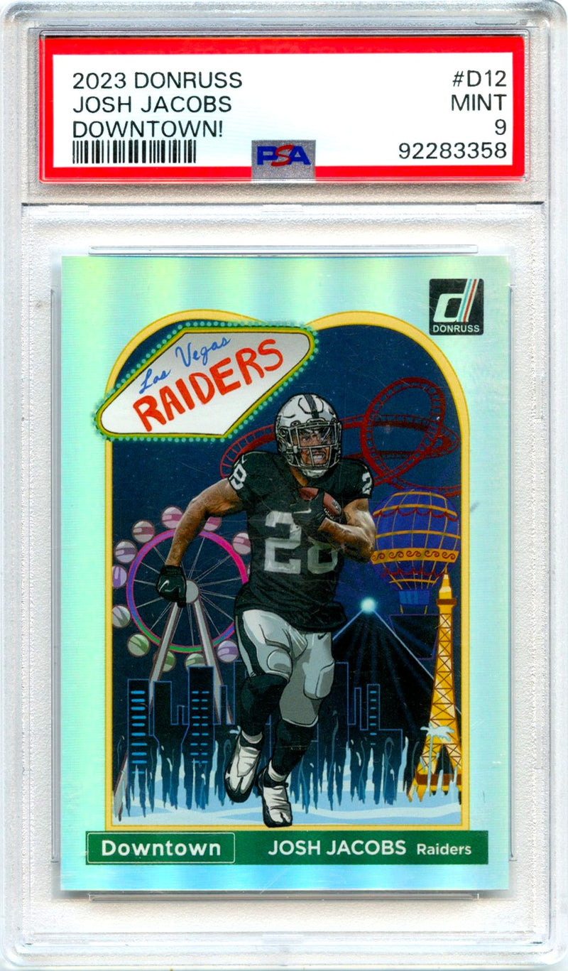Josh Jacobs 2023 Donruss Downtown! Case Hit SSP PSA 9-1