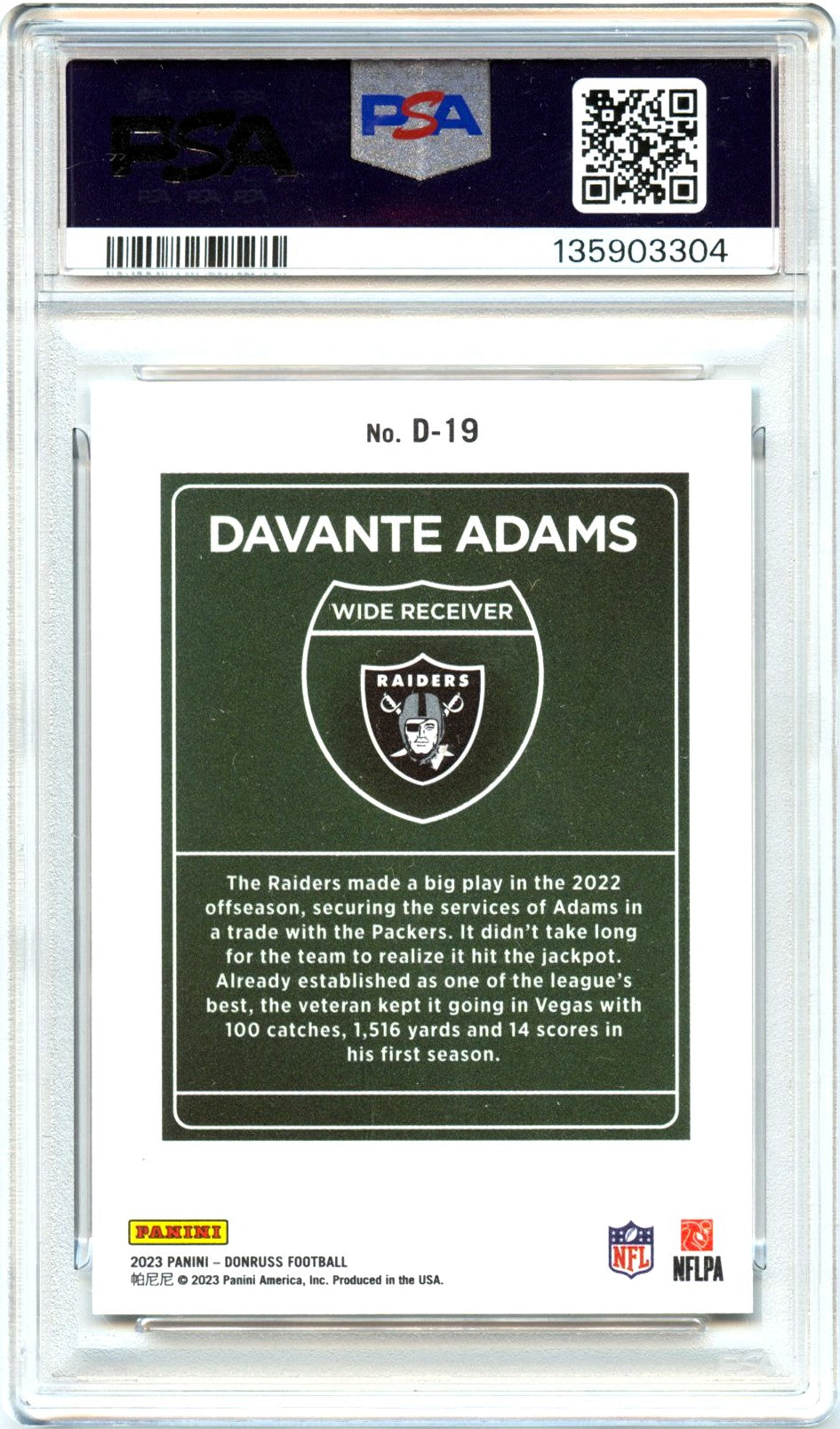 Davante Adams 2023 Donruss Downtown! Case Hit SSP PSA 9-2
