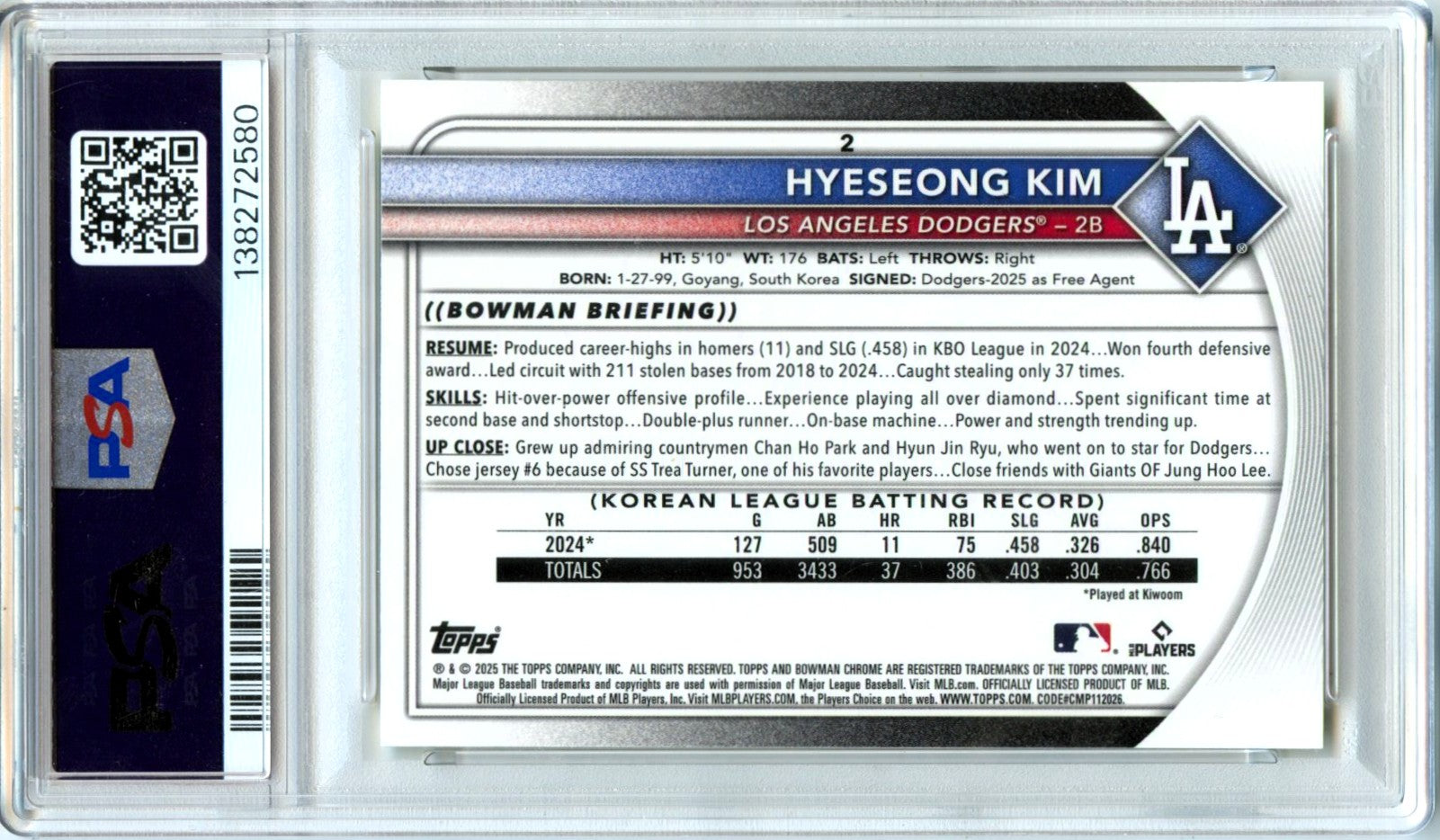 Hyeseong Kim RC 2025 Bowman Chrome Yellow Refractor Rookie SP 48/75 PSA 9-2