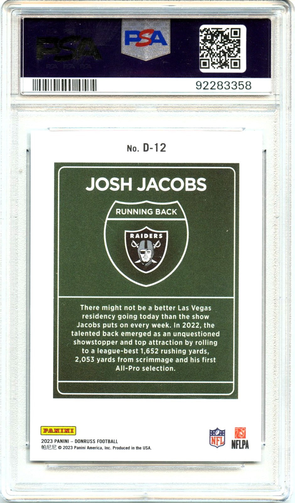 Josh Jacobs 2023 Donruss Downtown! Case Hit SSP PSA 9-2