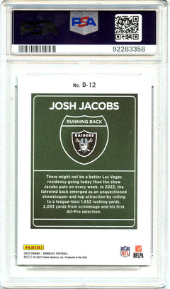 Josh Jacobs 2023 Donruss Downtown! Case Hit SSP PSA 9-2