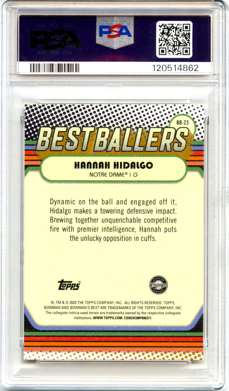 Hannah Hidalgo RC 2024 Bowman U Best Yellow Lazer Best Ballers Rookie SP 5/75 PSA 10-2