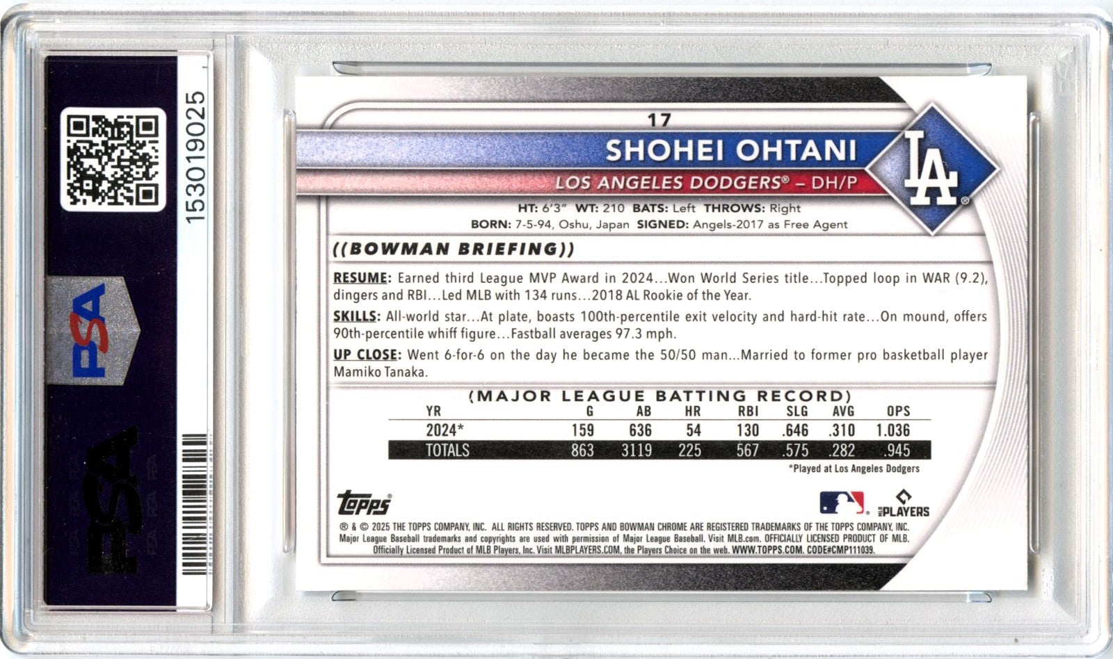 Shohei Ohtani 2025 Bowman Chrome Mega Box #17 PSA 8-2