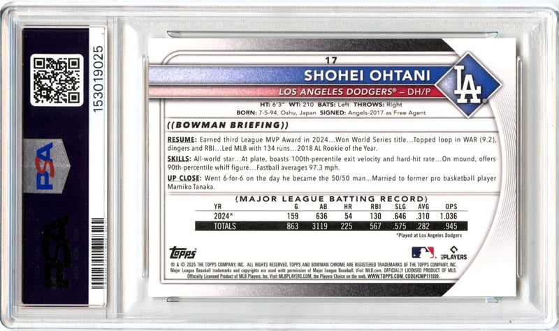 Shohei Ohtani 2025 Bowman Chrome Mega Box #17 PSA 8-2