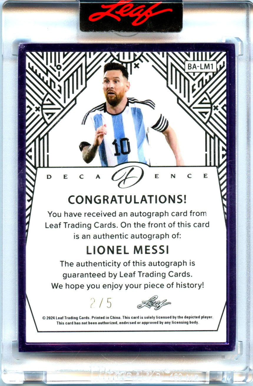 Lionel Messi 2024 Leaf Decadence Purple Framed Auto SP 2/5