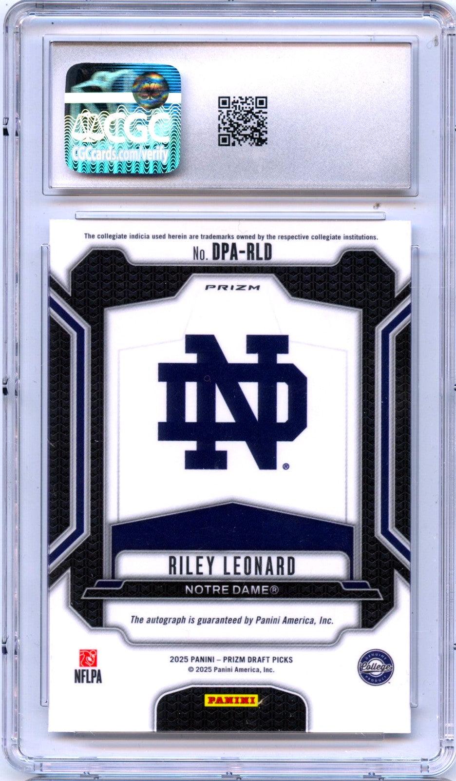 Riley Leonard RC 2025 Panini Prizm Draft Silver Rookie Auto CGC 10