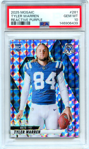 Tyler Warren RC 2025 Panini Mosaic Purple Reactive Rookie #281 PSA 10