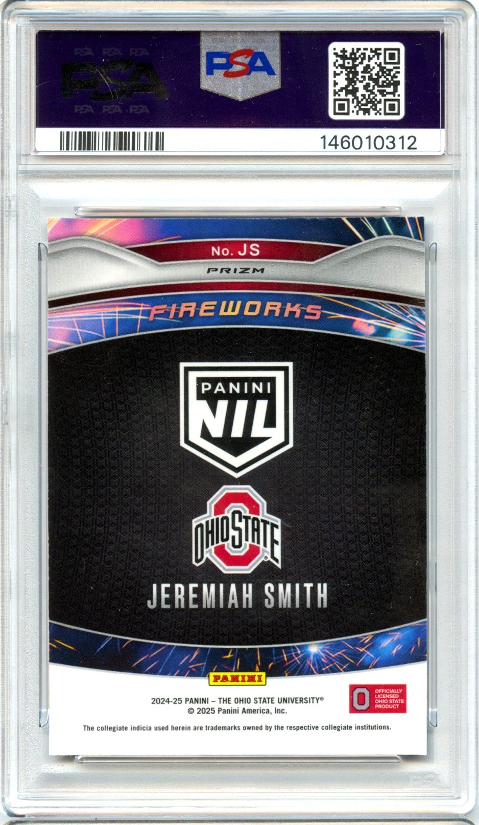 Jeremiah Smith RC 2024 Panini OSU Prizm Holo Fireworks Rookie PSA 8-2