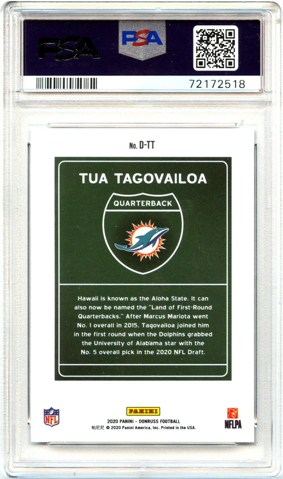 Tua Tagovailoa RC 2020 Donruss Downtown! Rookie SSP PSA 9-2