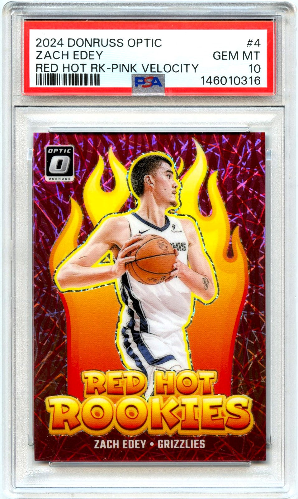 Zach Edey RC 2024-25 Donruss Optic Pink Velocity Red Hot Rookie SP 30/79 PSA 10