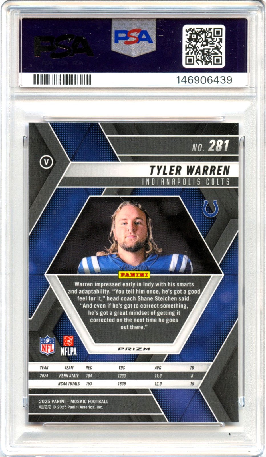 Tyler Warren RC 2025 Panini Mosaic Purple Reactive Rookie #281 PSA 10-2