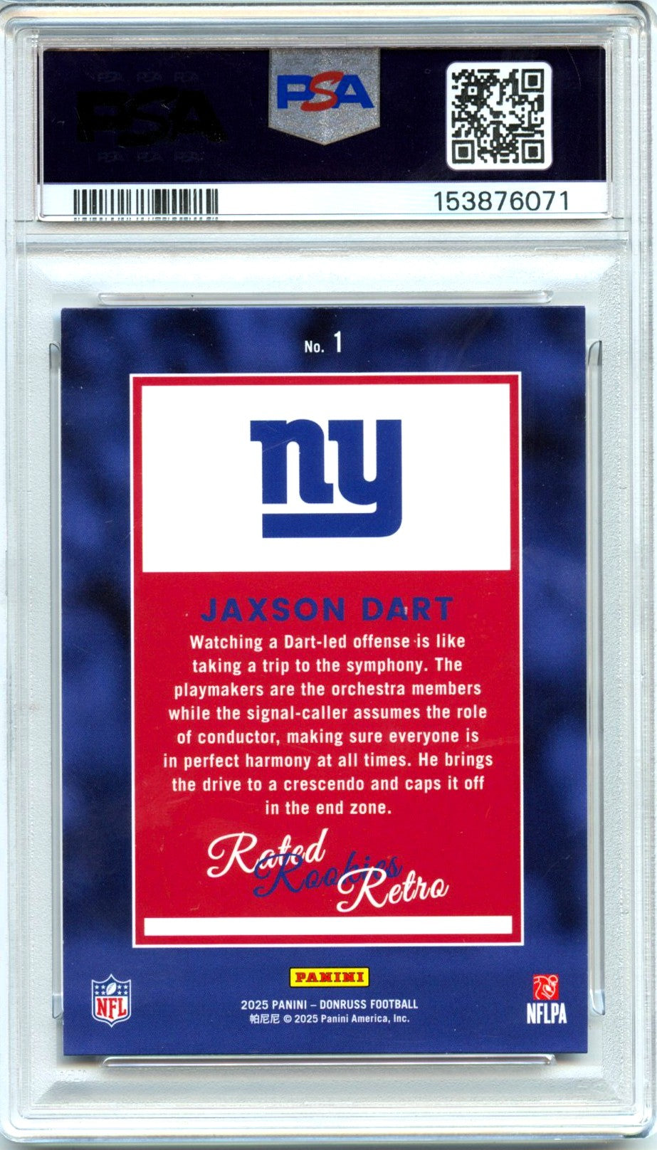 Jaxson Dart RC 2025 Donruss Retro Rated Rookie #1 PSA 9-2