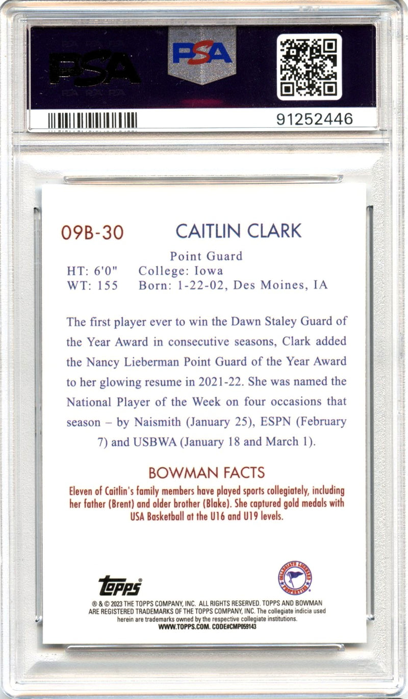 Caitlin Clark RC 2022-23 Bowmnan U Best 2009 Throwback Rookie PSA 9-2