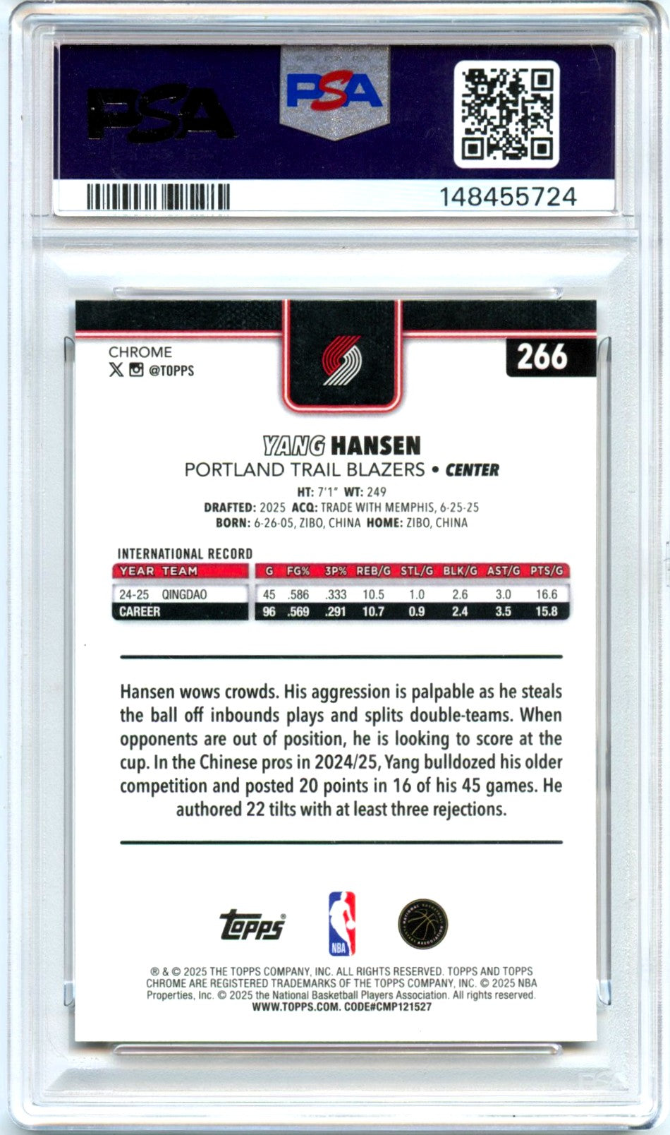 Yang Hansen RC 2025-26 Topps Chrome Basketball Leather Rookie #266 PSA 10