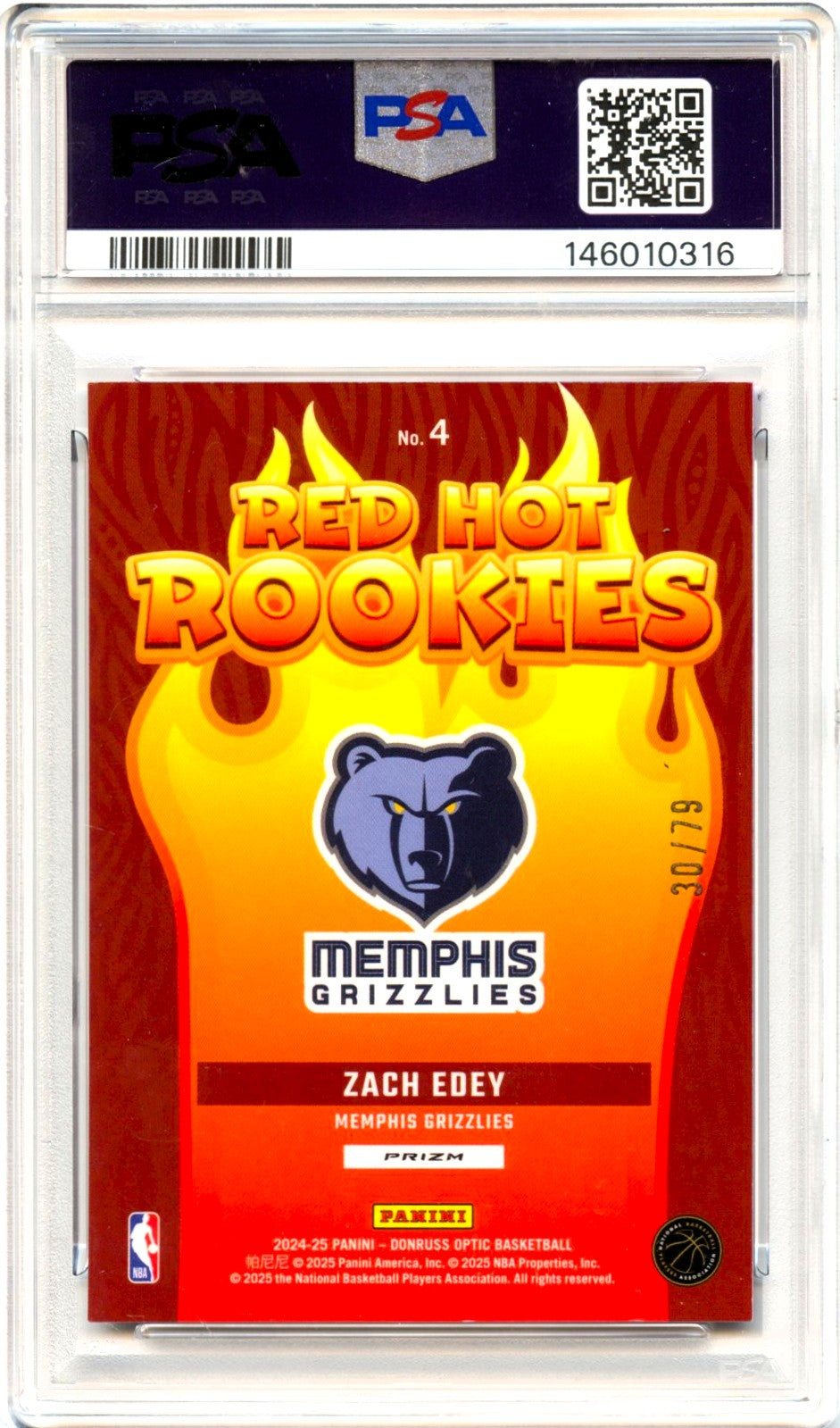 Zach Edey RC 2024-25 Donruss Optic Pink Velocity Red Hot Rookie SP 30/79 PSA 10