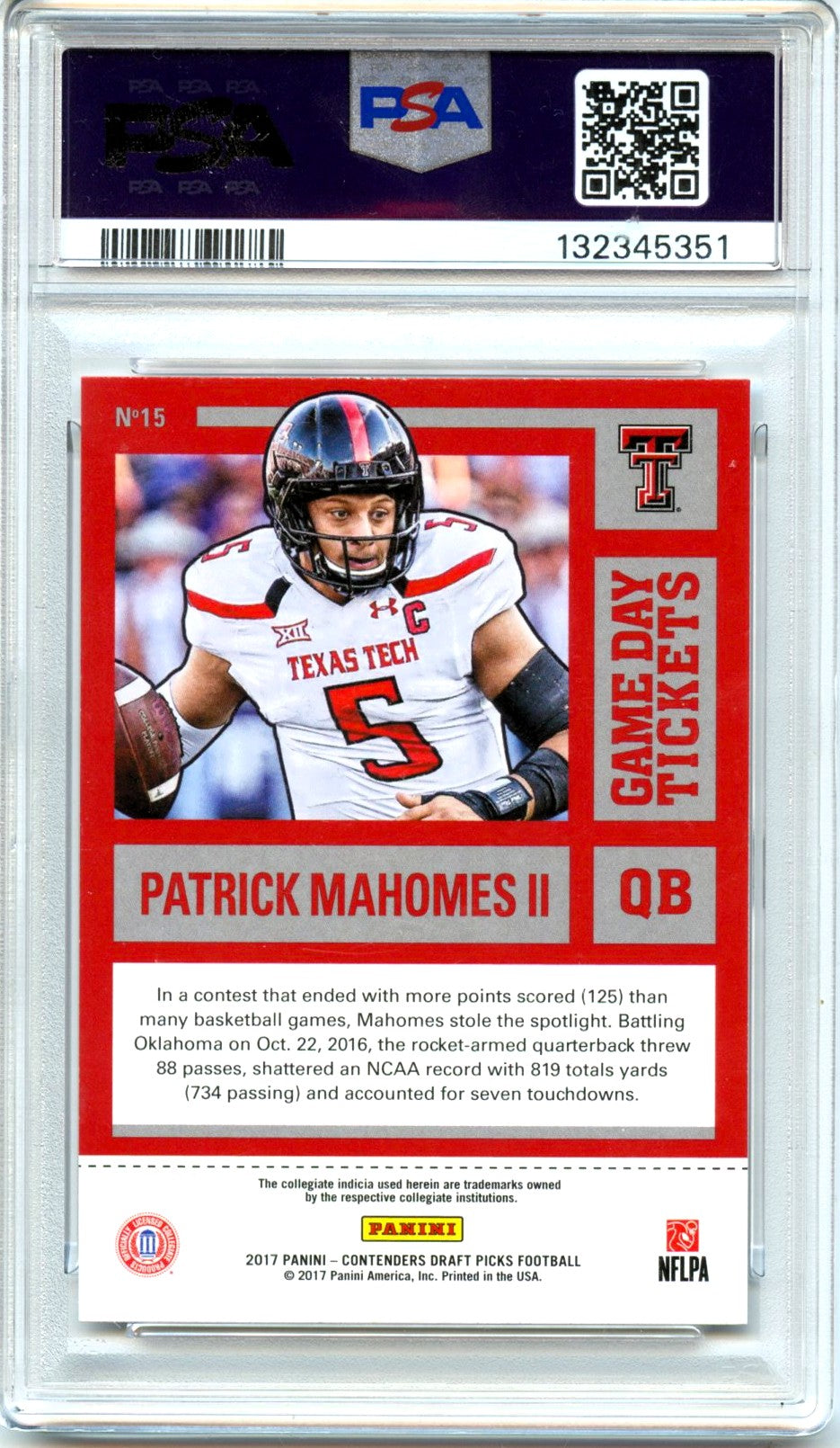 Patrick Mahomes II RC 2017 Panini Contenders Draft Game Day Tickets Rookie #15 PSA 8-2