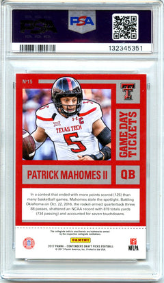Patrick Mahomes II RC 2017 Panini Contenders Draft Game Day Tickets Rookie #15 PSA 8-2