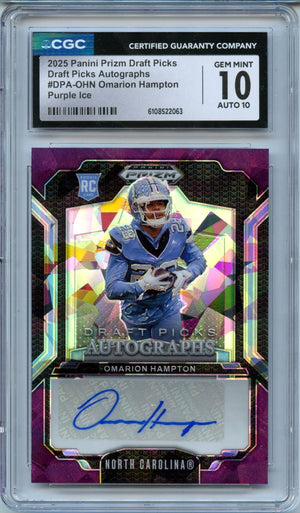 Omarion Hampton RC 2025 Panini Prizm Draft Purple Ice Rookie Auto SP 9/50 CGC 10