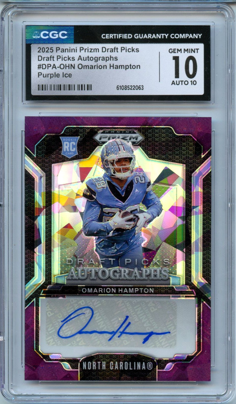 Omarion Hampton RC 2025 Panini Prizm Draft Purple Ice Rookie Auto SP 9/50 CGC 10