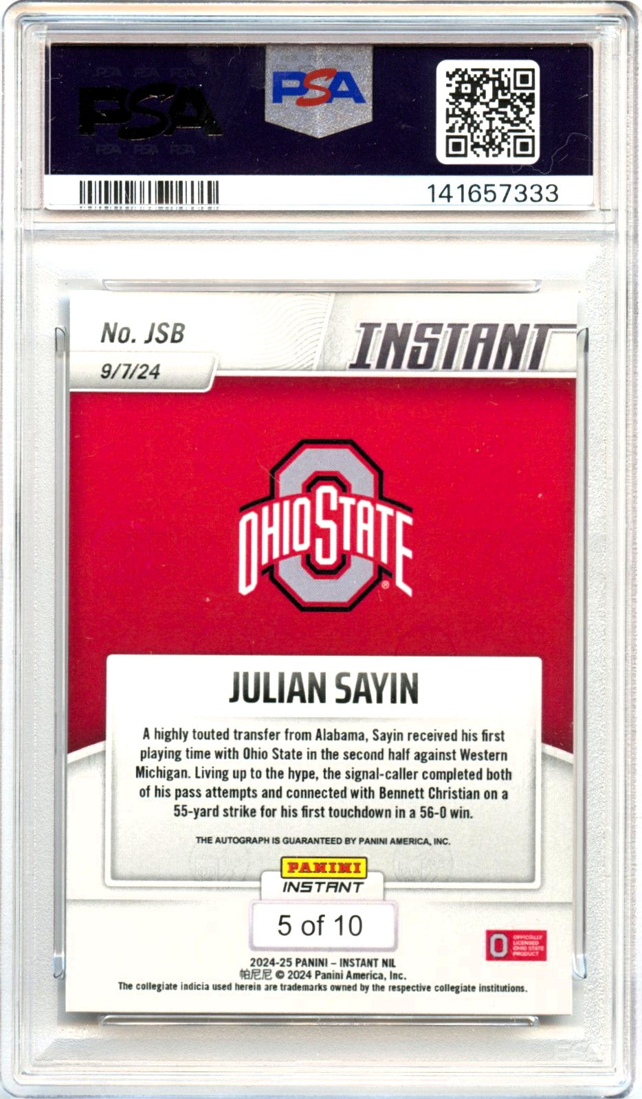 Julian Sayin RC 2024 Panini Instant NIL Jaguar Rookie Auto SP 5/10 PSA 9