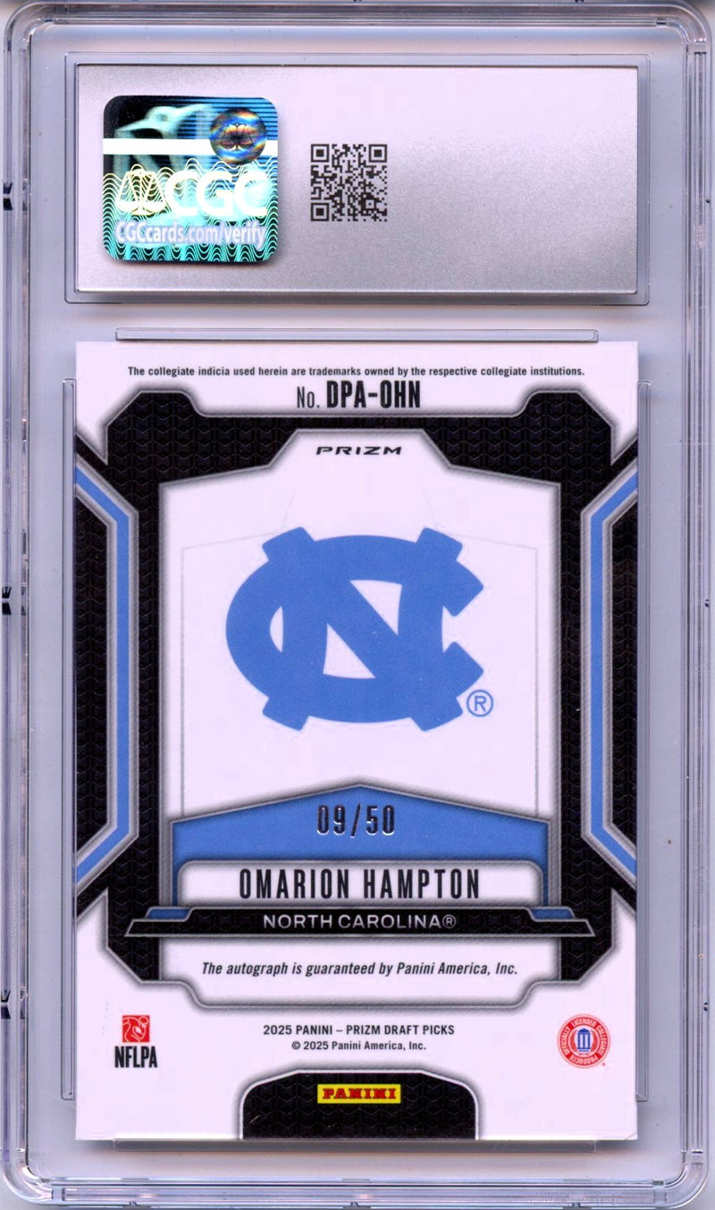 Omarion Hampton RC 2025 Panini Prizm Draft Purple Ice Rookie Auto SP 9/50 CGC 10-2