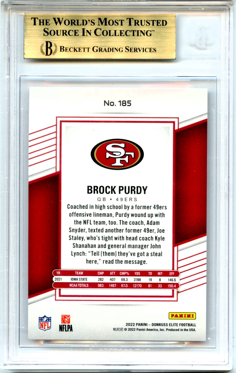Brock Purdy RC 2022 Donruss Elite Purple Rookie SP 90/99 BGS 10-2