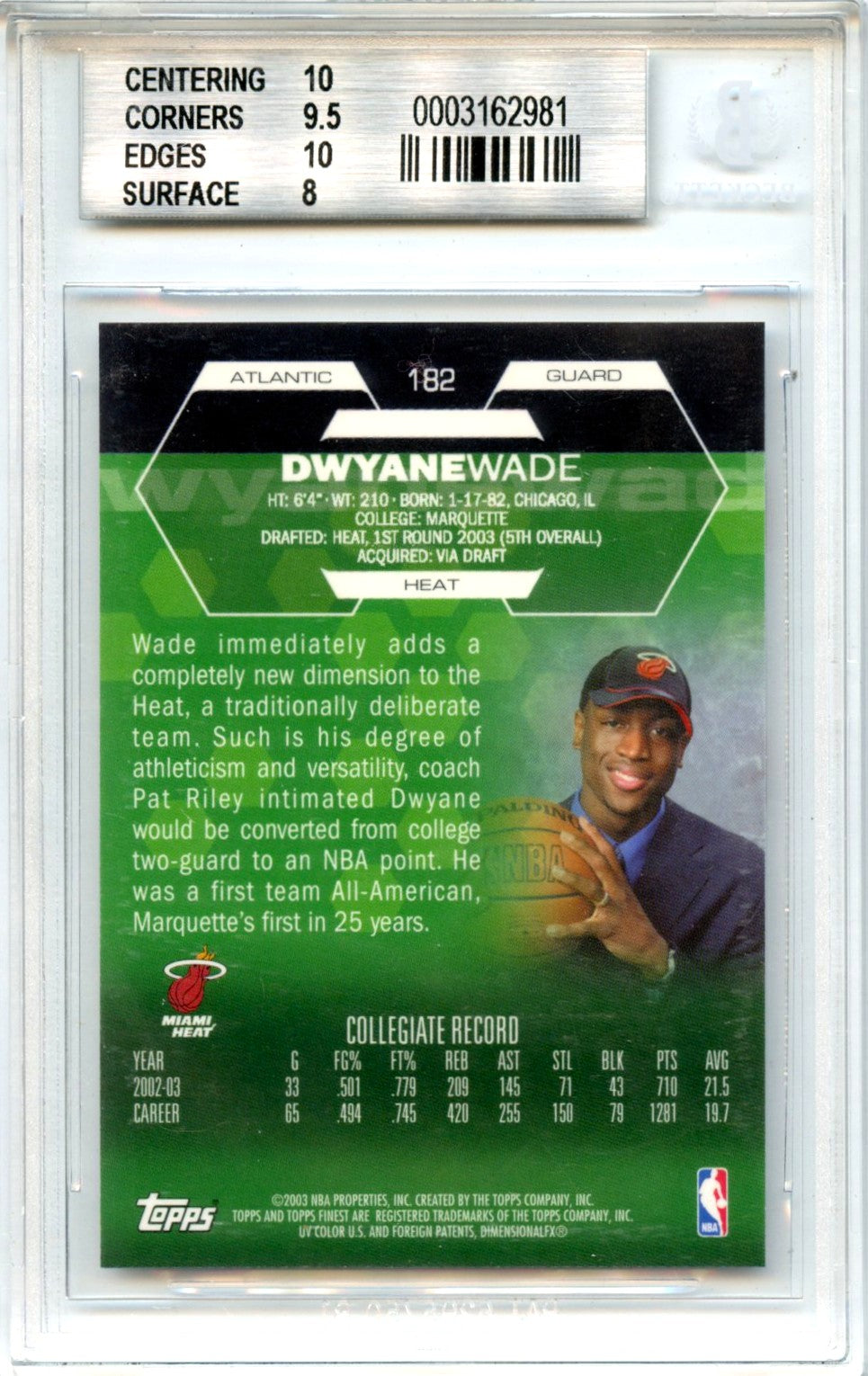 Dwayne Wade RC 2003-04 Topps Finest Rookie #182 BGS 9-2