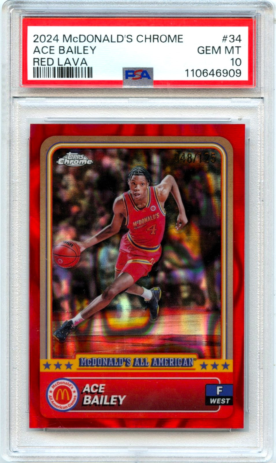 Ace Bailey RC 2024 Topps Chrome Mcdonald's All American Red Lava Rookie SP 48/125 PSA 10
