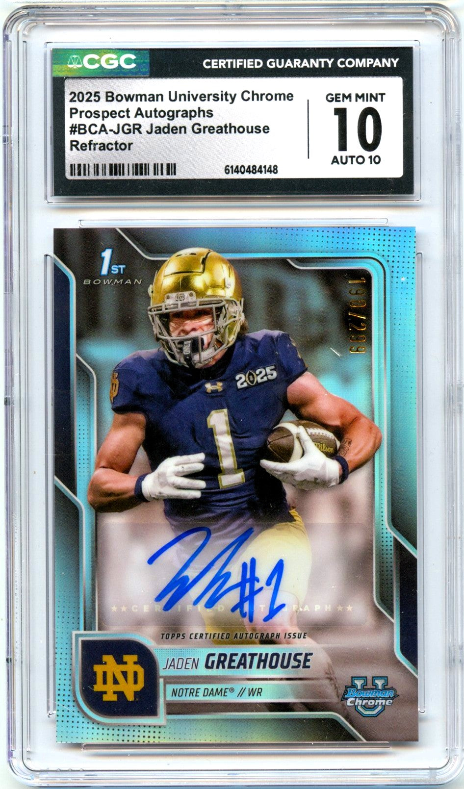 Jaden Greathouse RC 2025 Bowman U Chrome Refractor Rookie Auto SP 190/299 CGC 10