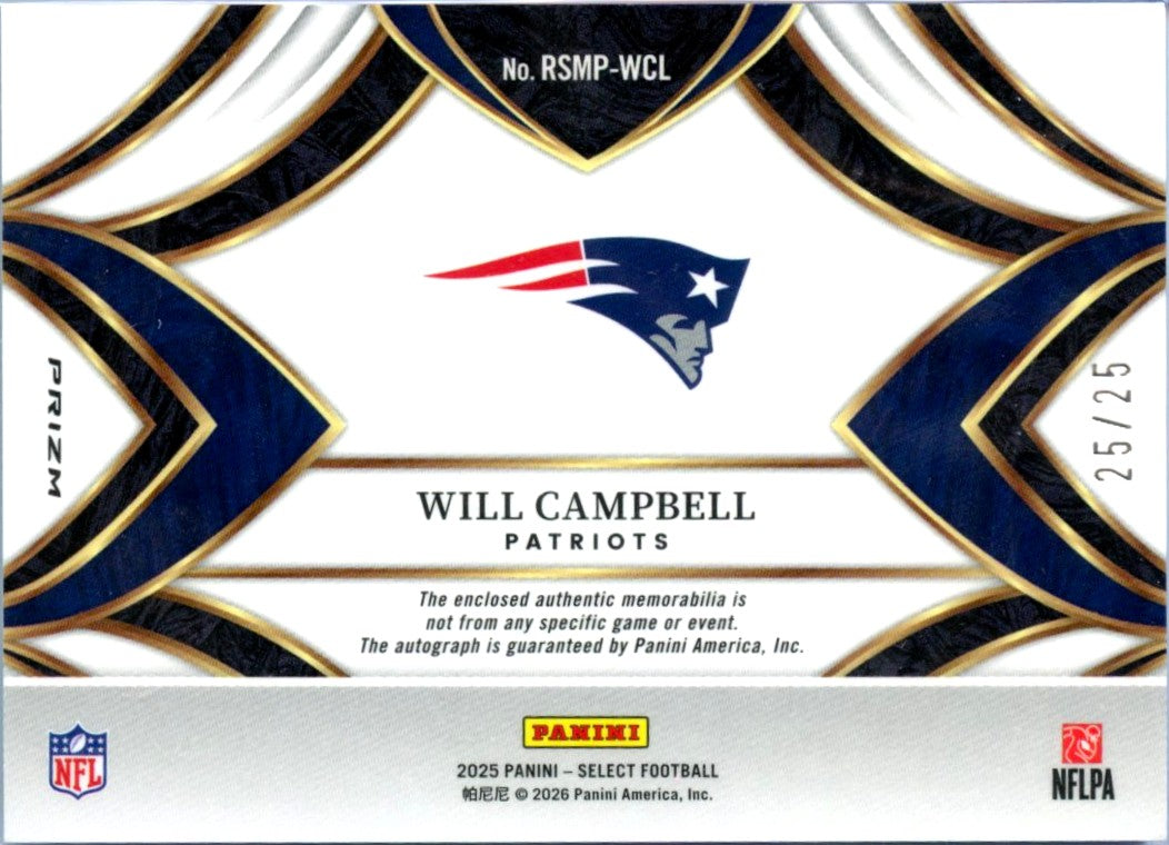 Will Campbell RC 2025 Panini Select Tie Dye Rookie Patch Auto SP 25/25-2