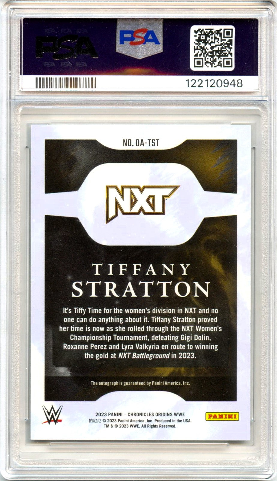 Tiffany Stratton 2023 Panini Chronicles WWE Origins Auto PSA 10